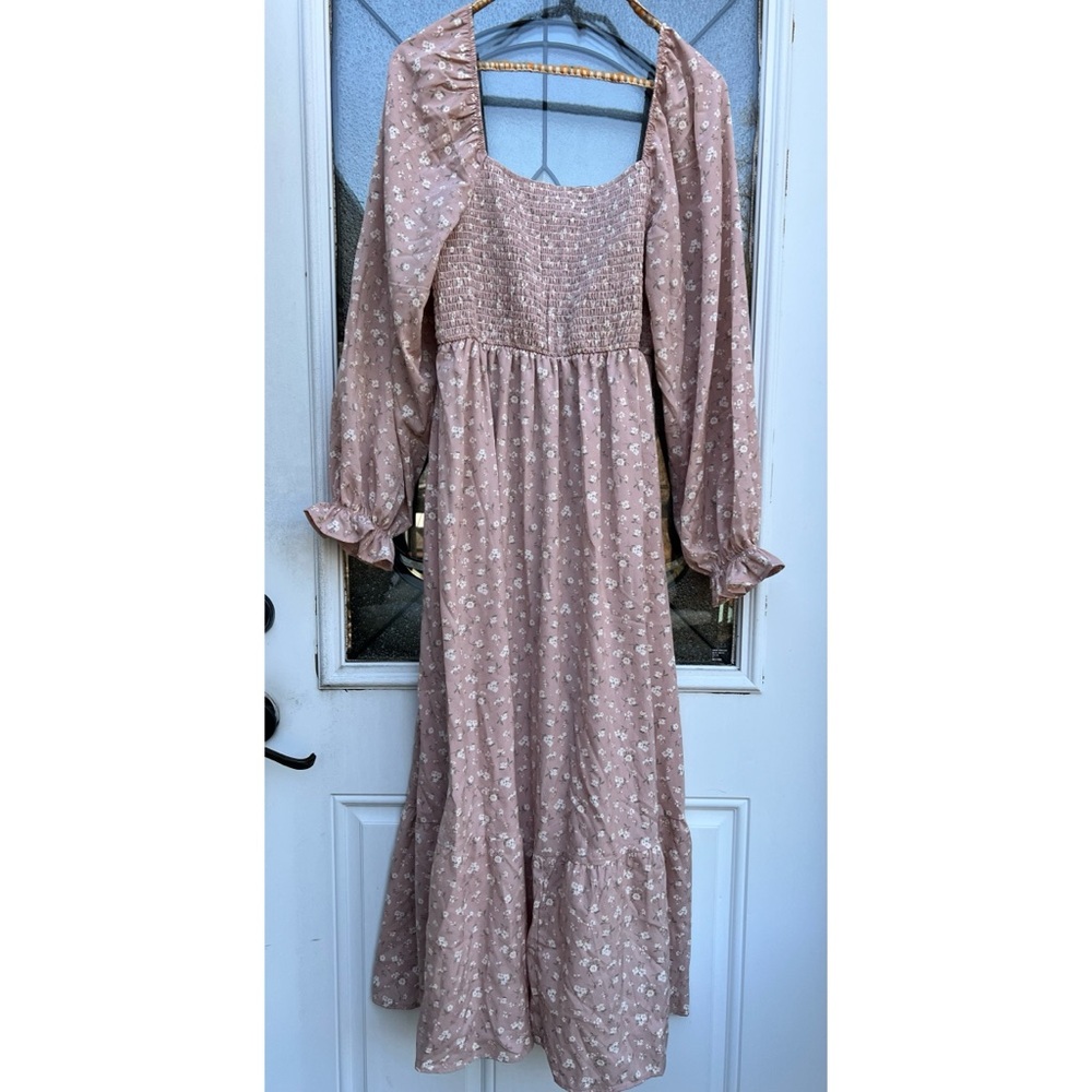 By The River Pink Floral Smocked Long-Sleeve Cottagecore Dress - Picture 3 of 9